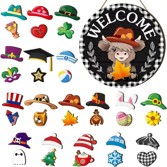 🍁Las mejores decoraciones navideñas🎄Letrero de bienvenida de gnomo de madera intercambiable🎈