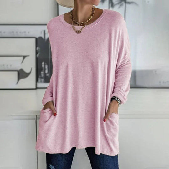 🔥50% DE RÉDUCTION🔥 T-shirt ample femme à manches longues et col rond – Confortable et stylé 👕✨