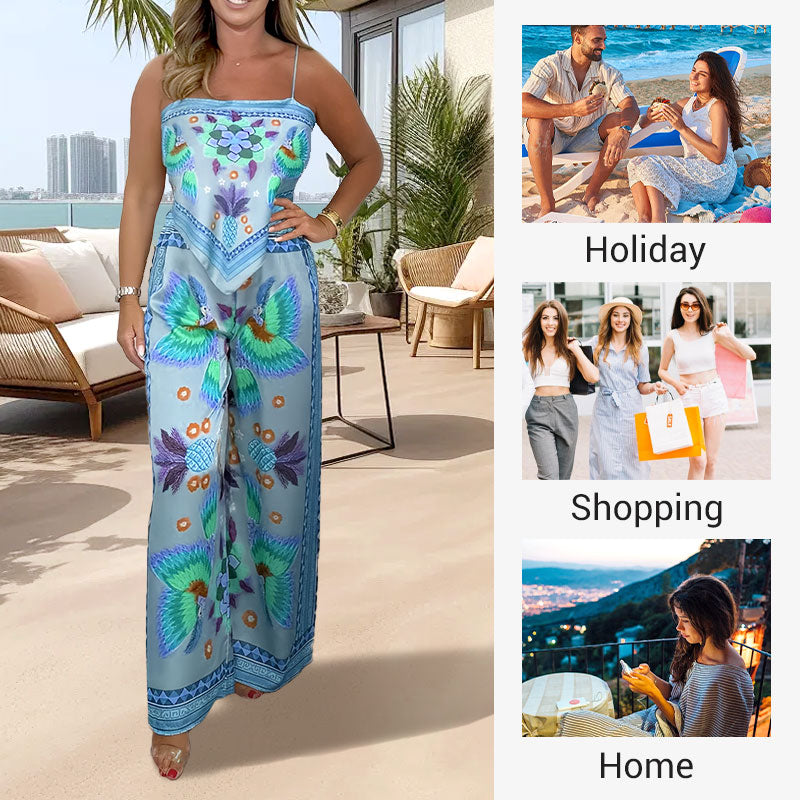 🔥New Arrival- 49% OFF💝Women's Exotic Spaghetti Strap Printed Top & Loose Pants 2-Piece Set