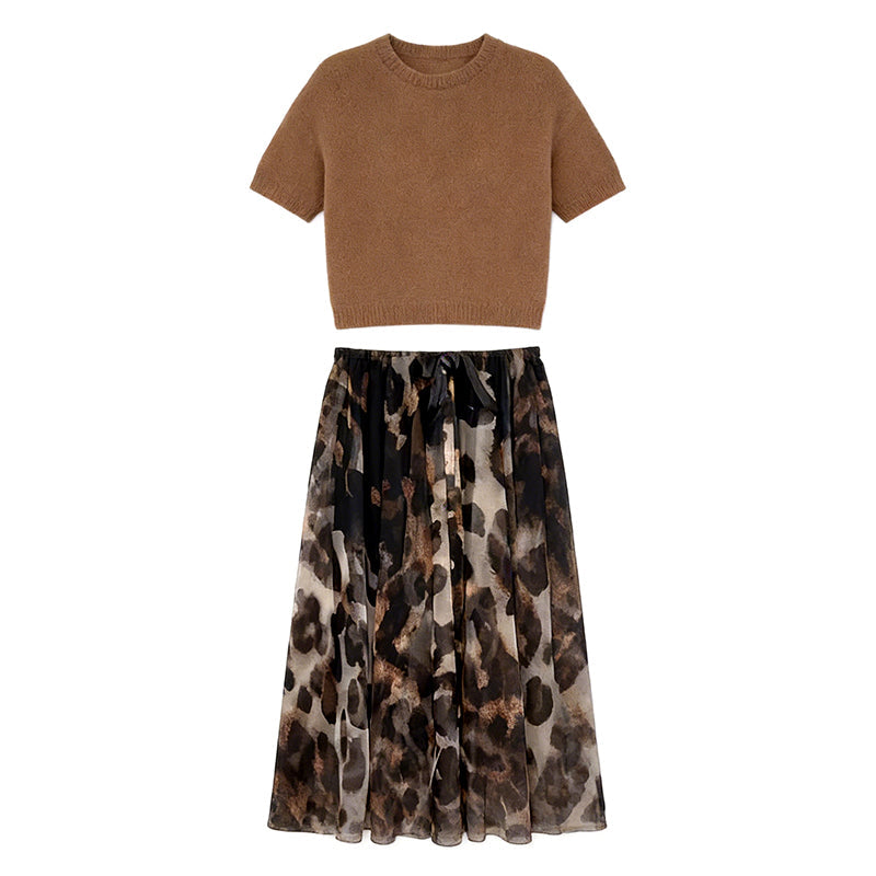 ✨🔥Ensemble deux pièces pour femme composé d'un pull et d'une jupe fluide à imprimé léopard