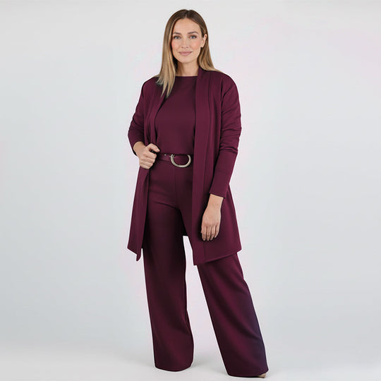 🎉Saldi imperdibili - 50% di sconto🥳Elegante set da 3 pezzi con cardigan lungo: tessuto morbido, parte superiore chic & Pantaloni per andare al lavoro & Gite giornaliere