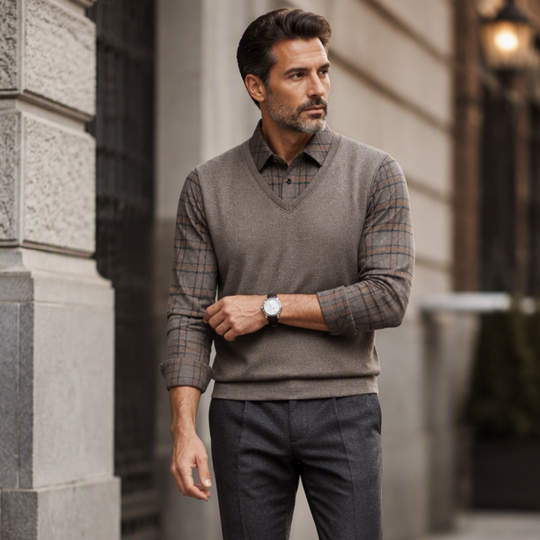 ✨ Timeless Comfort | Men's Plaid Layered-Look Knit Top