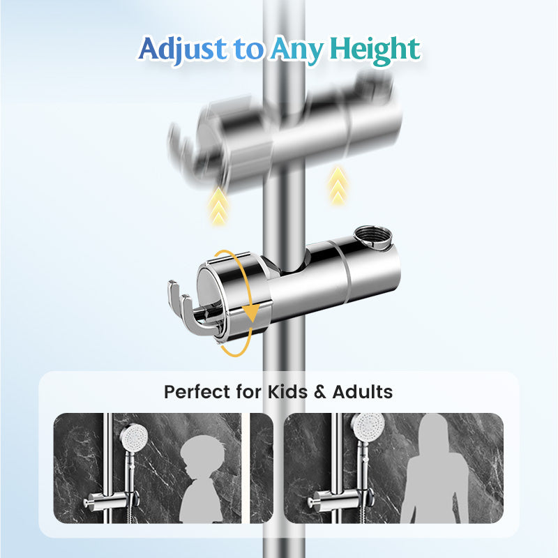 Hole-free shower head bracket with sliding sleeve, adjustable height rod, hook and mounting bracket for shower unit and shower head