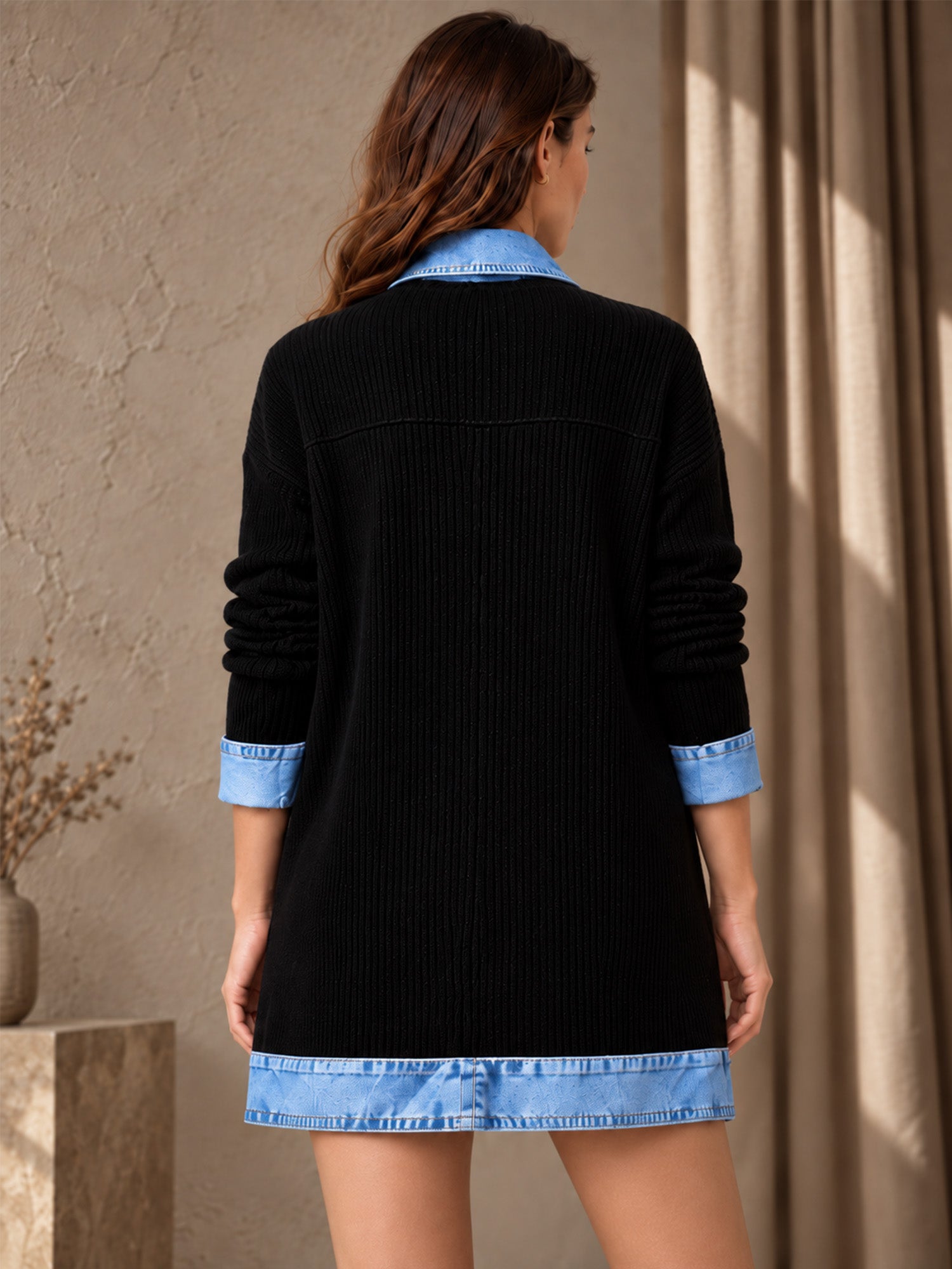 Manteau en maille côtelée élégant pour femme avec empiècements en jean