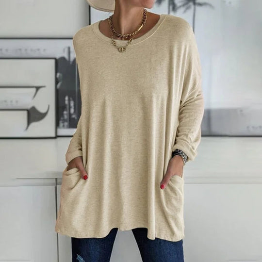 🔥50% DE RÉDUCTION🔥 T-shirt ample femme à manches longues et col rond – Confortable et stylé 👕✨