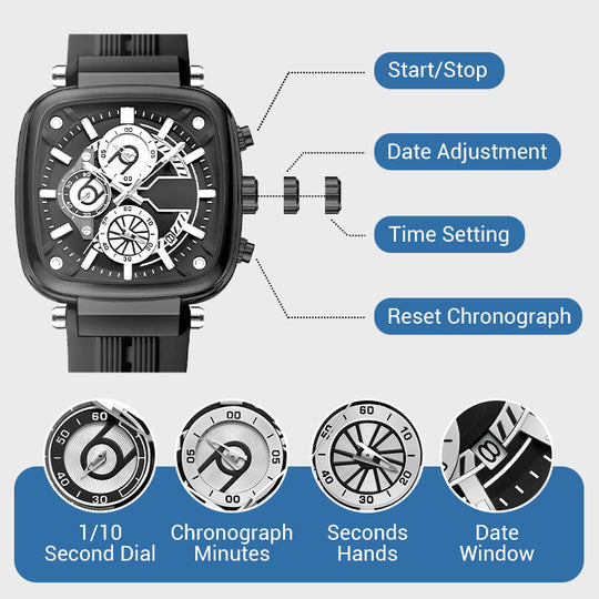 ⚡Heißer Sale: 50% Rabatt⚡Multifunktionale, wasserdichte Quarz-Herrenuhr mit quadratischem Design und Silikonband