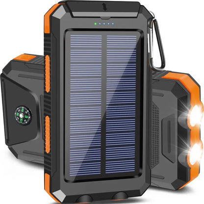 Portable Solar Charger Power Bank with LED Flashlight - Dual USB-A Output, Waterproof Outdoor Design with Compass & Carabiner