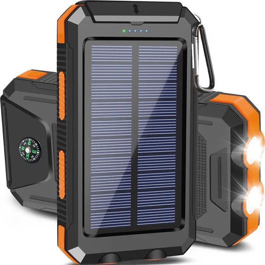 Portable Solar Charger Power Bank with LED Flashlight - Dual USB-A Output, Waterproof Outdoor Design with Compass & Carabiner