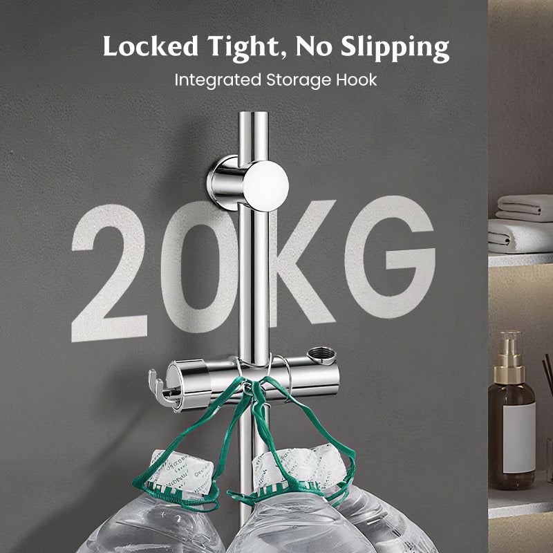 Hole-free shower head bracket with sliding sleeve, adjustable height rod, hook and mounting bracket for shower unit and shower head