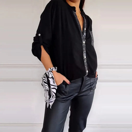 🌷Cotton V-neck Sequin Mid-sleeve Casual Top – Everyday Comfort With a Touch of Sparkle