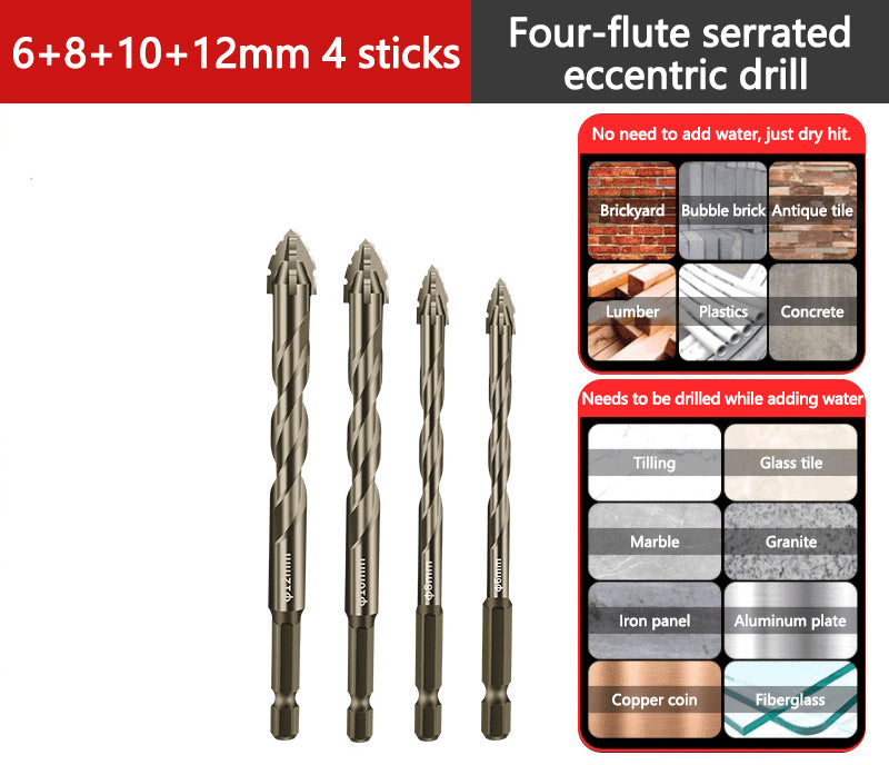 🔥2025 Hot Sale🔥High-Strength 4-Flute Serrated Eccentric Drill Bit Kit - Durable & Versatile for All DIY Projects