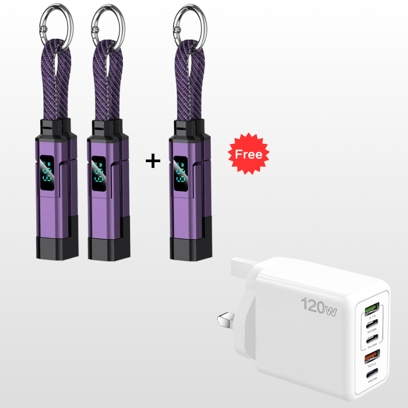 🔌 4-in-1 Charging Cable with Digital Display & Keychain – Fast-Charging, Kink-Resistant & Compact