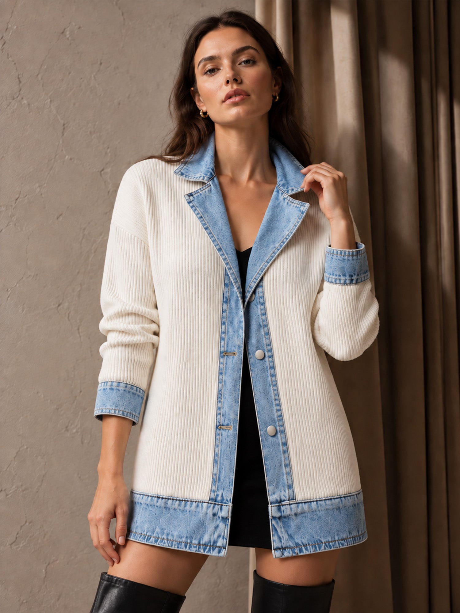Manteau en maille côtelée élégant pour femme avec empiècements en jean