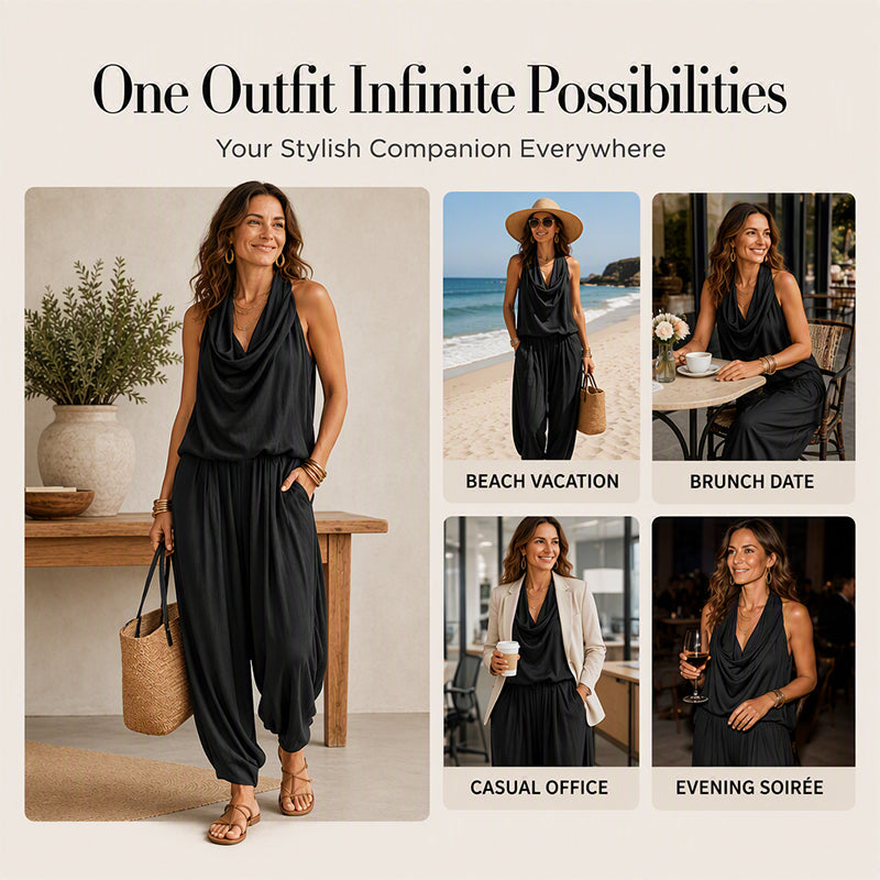 🎁New Arrivals 50% OFF💥Sleeveless Cowl Neck Jumpsuit – Halter, Wide-Leg, Elegant