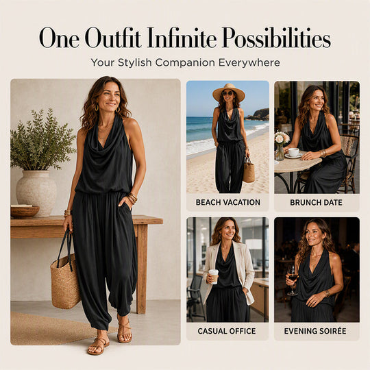 🎁New Arrivals 50% OFF💥Sleeveless Cowl Neck Jumpsuit – Halter, Wide-Leg, Elegant