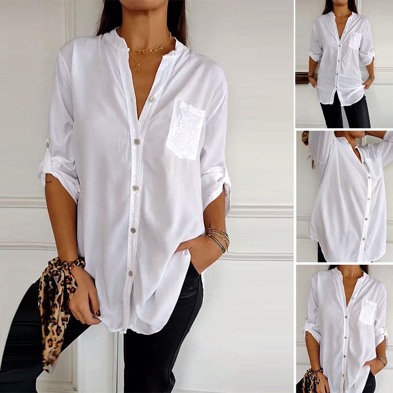 🌷Cotton V-neck Sequin Mid-sleeve Casual Top – Everyday Comfort With a Touch of Sparkle