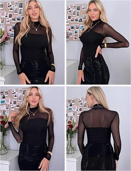 💃Dernier jour des soldes -50 % de réduction🎉Haut à manches longues transparent en maille scintillante pour femme