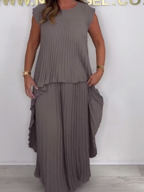 👗Laney Pleated Short Sleeve Irregular Midi Top and Elastic Waist Wide Leg Pants Set✨