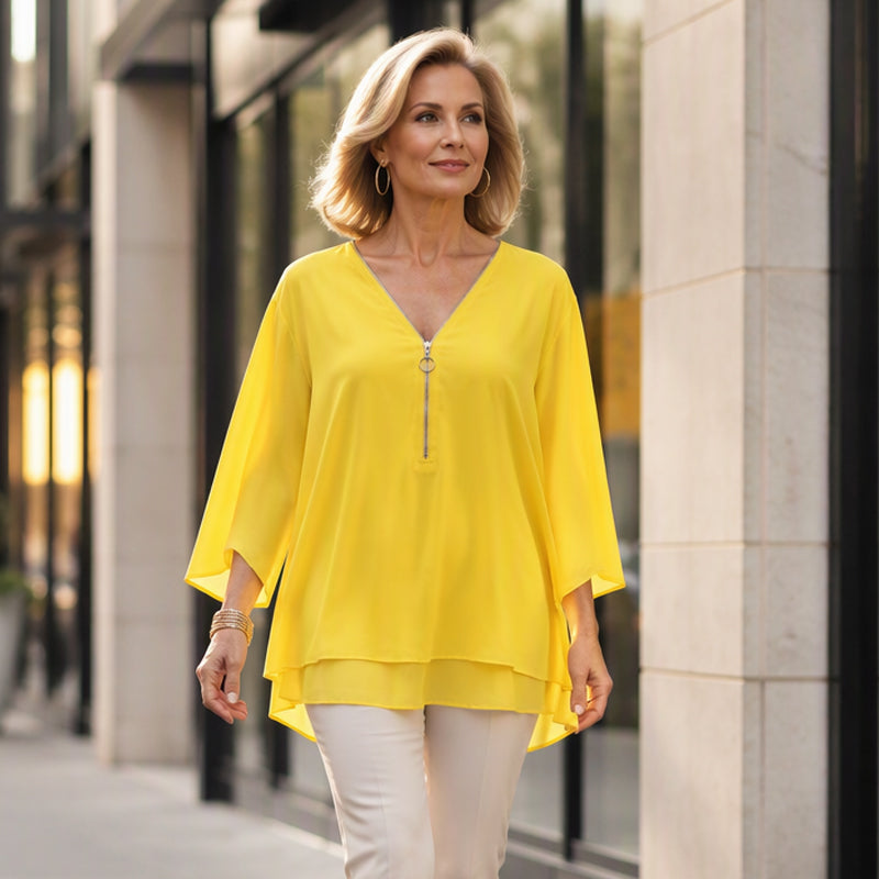 Double-Layer V-neck Zipper 3/4 Sleeves Soft Tops