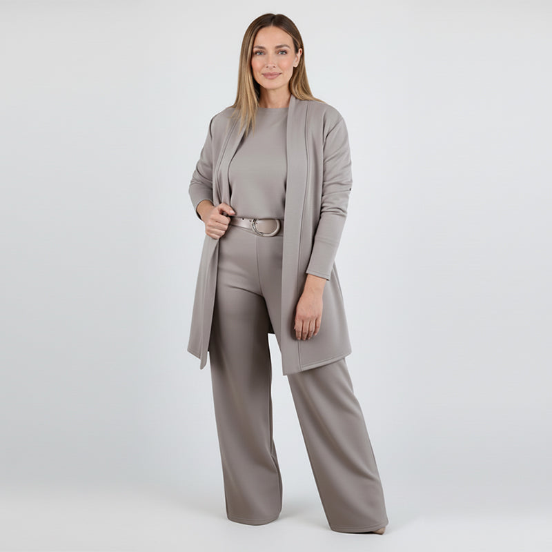 🎉Saldi imperdibili - 50% di sconto🥳Elegante set da 3 pezzi con cardigan lungo: tessuto morbido, parte superiore chic & Pantaloni per andare al lavoro & Gite giornaliere