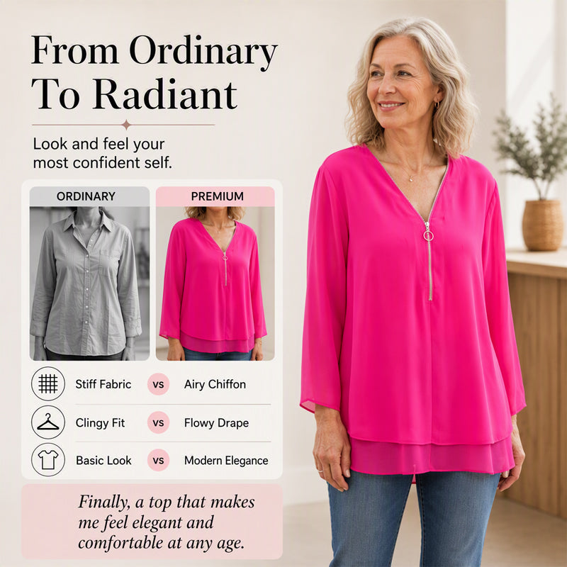 Double-Layer V-neck Zipper 3/4 Sleeves Soft Tops