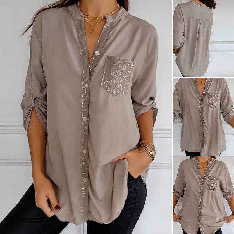 🌷Cotton V-neck Sequin Mid-sleeve Casual Top – Everyday Comfort With a Touch of Sparkle
