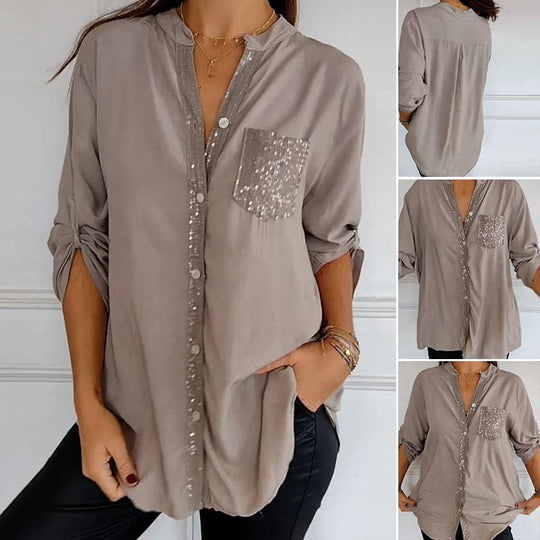 🌷Cotton V-neck Sequin Mid-sleeve Casual Top – Everyday Comfort With a Touch of Sparkle