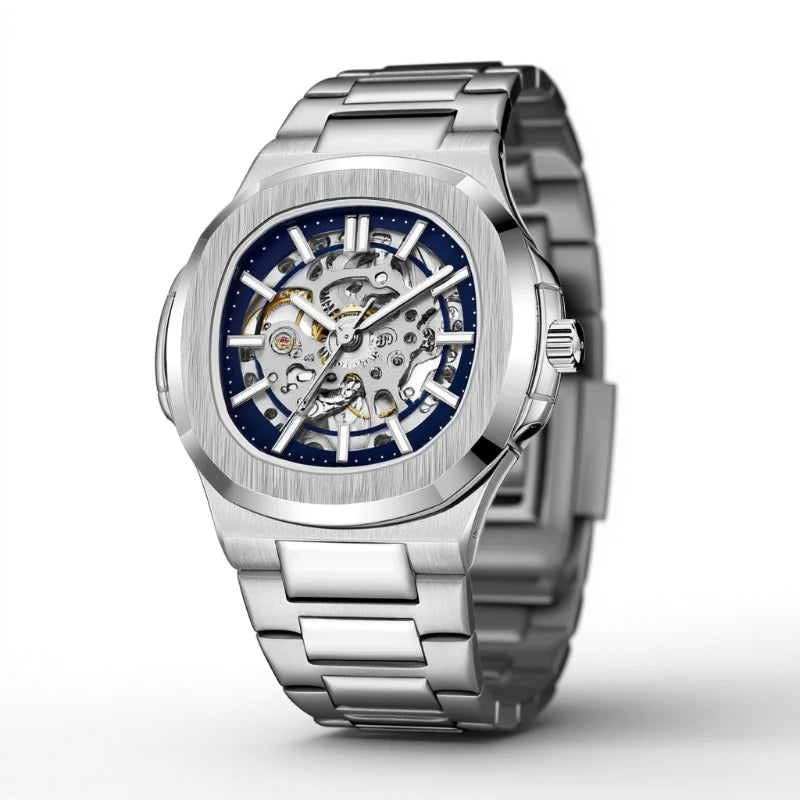 Skeleton Hollow Men Automatic Mechanical Watch Steampunk Sliver Blue Full Steel Waterproof Wrist Watches Male Mechanism Clock