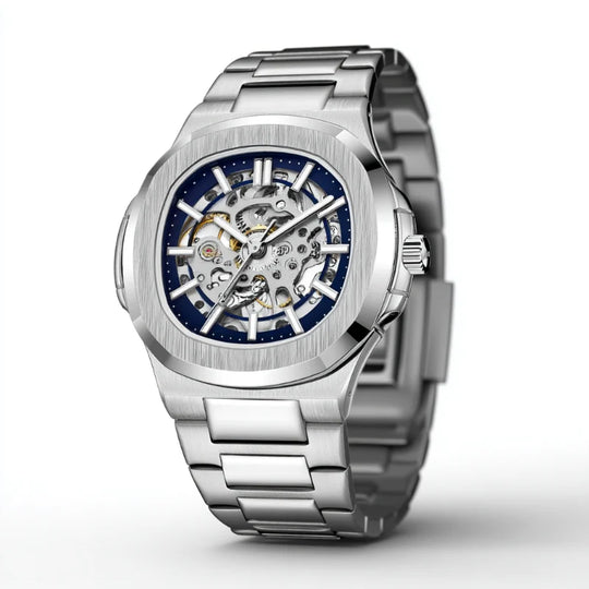 Skeleton Hollow Män Automatisk Mekanisk Klocka Steampunk Sliver Blå Full Steel Vattentät Armbandsur Man Mechanism Klocka