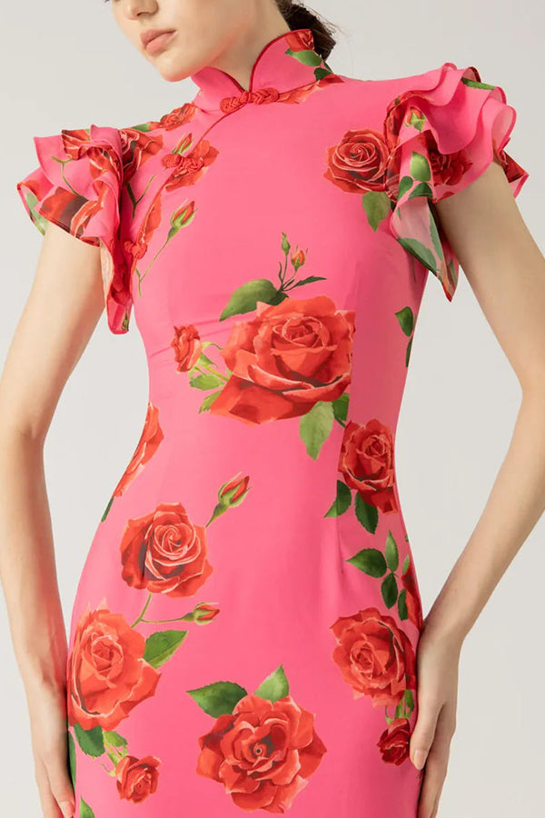 🌹Elegant Cheongsam Style Rose Floral Print Tiered Flare Sleeve Stretch Maxi Dress👗 - Modern Oriental Fashion for Women