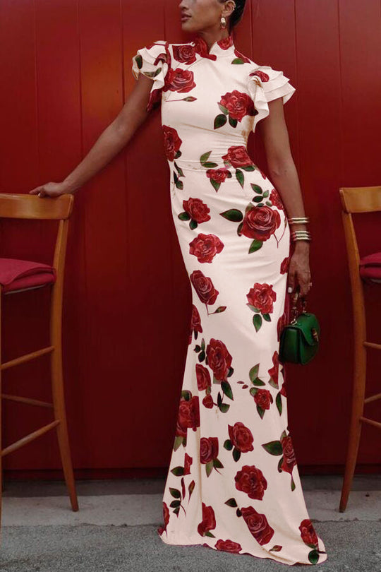🌹Elegant Cheongsam Style Rose Floral Print Tiered Flare Sleeve Stretch Maxi Dress👗 - Modern Oriental Fashion for Women