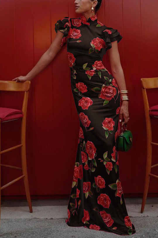 🌹Elegant Cheongsam Style Rose Floral Print Tiered Flare Sleeve Stretch Maxi Dress👗 - Modern Oriental Fashion for Women