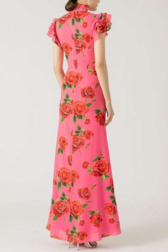 🌹Elegant Cheongsam Style Rose Floral Print Tiered Flare Sleeve Stretch Maxi Dress👗 - Modern Oriental Fashion for Women