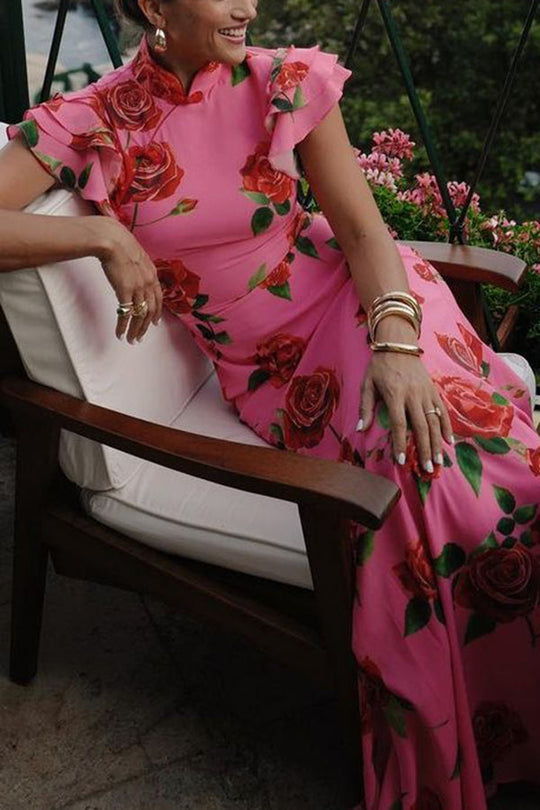 🌹Elegant Cheongsam Style Rose Floral Print Tiered Flare Sleeve Stretch Maxi Dress👗 - Modern Oriental Fashion for Women