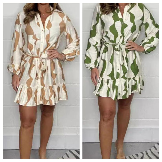 🌷Limited Time Offer 50% OFF🌷Casual Irregular Stripe Lapel Tie Waist Shirt Dress