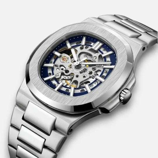 Skeleton Hollow Män Automatisk Mekanisk Klocka Steampunk Sliver Blå Full Steel Vattentät Armbandsur Man Mechanism Klocka