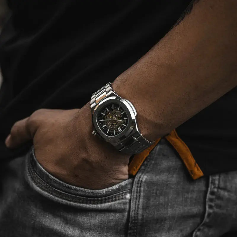 Skeleton Hollow Män Automatisk Mekanisk Klocka Steampunk Sliver Blå Full Steel Vattentät Armbandsur Man Mechanism Klocka