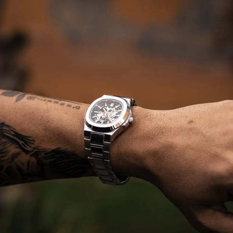 Skeleton Hollow Män Automatisk Mekanisk Klocka Steampunk Sliver Blå Full Steel Vattentät Armbandsur Man Mechanism Klocka