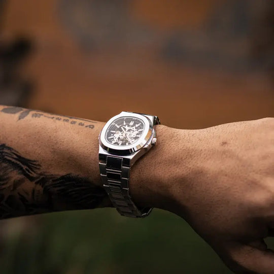 Skeleton Hollow Män Automatisk Mekanisk Klocka Steampunk Sliver Blå Full Steel Vattentät Armbandsur Man Mechanism Klocka