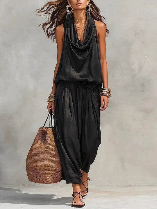 🎁New Arrivals 50% OFF💥Sleeveless Cowl Neck Jumpsuit – Halter, Wide-Leg, Elegant