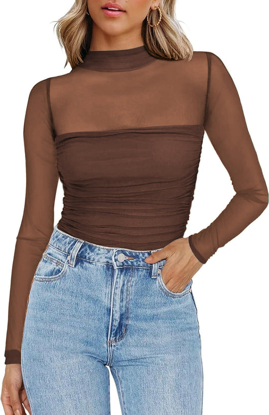 💃Dernier jour des soldes -50 % de réduction🎉Haut à manches longues transparent en maille scintillante pour femme