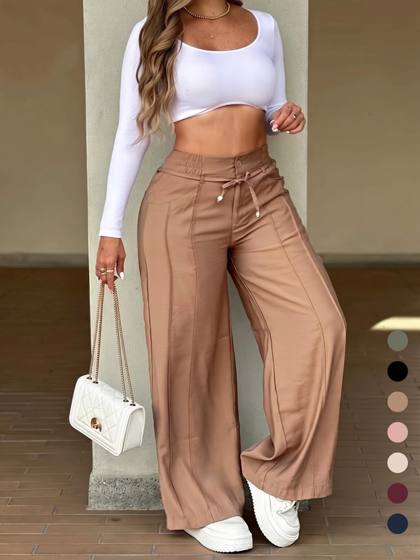 Pantalon femme taille haute à coupe droite avec dos élastiqué