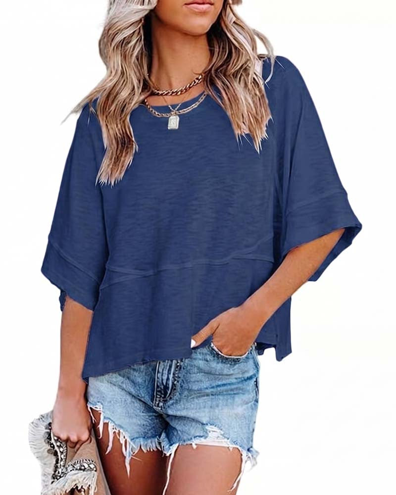 ✨2026 HOT SALE 50% OFF💃🌸Women's Solid Color Splicing Loose Five Points Flare Sleeve T-Shirt