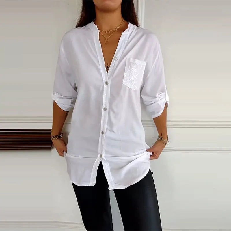 🌷Cotton V-neck Sequin Mid-sleeve Casual Top – Everyday Comfort With a Touch of Sparkle