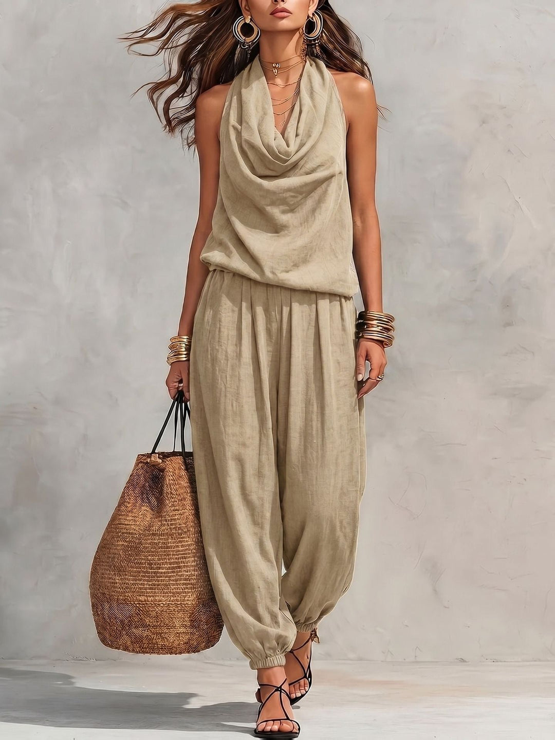 🎁New Arrivals 50% OFF💥Sleeveless Cowl Neck Jumpsuit – Halter, Wide-Leg, Elegant