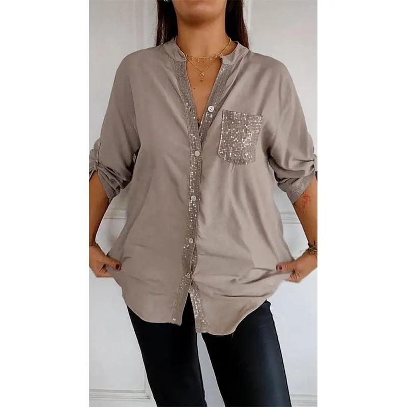 🌷Cotton V-neck Sequin Mid-sleeve Casual Top – Everyday Comfort With a Touch of Sparkle