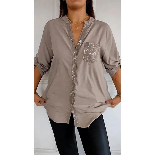 🌷Cotton V-neck Sequin Mid-sleeve Casual Top – Everyday Comfort With a Touch of Sparkle