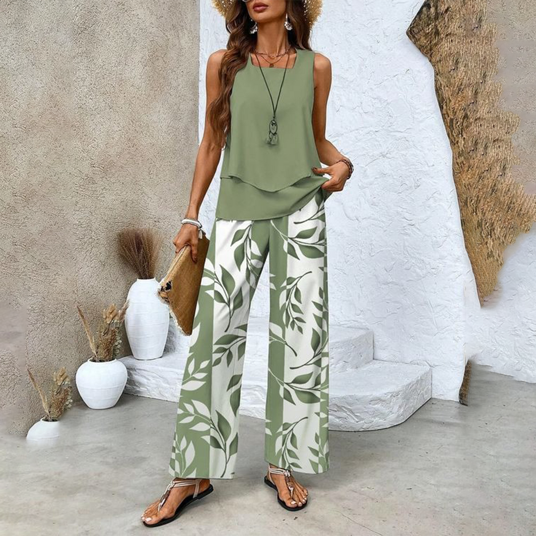 🔥 Hot Sale 50% OFF🌺Women's Trendy Print 2 Piece Outfits Sleeveless Top & Pants | V-Cut Top + High-Waist Pants | Trendy Loungewear