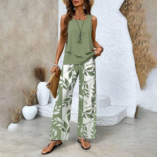 🔥 Hot Sale 50% OFF🌺Women's Trendy Print 2 Piece Outfits Sleeveless Top & Pants | V-Cut Top + High-Waist Pants | Trendy Loungewear
