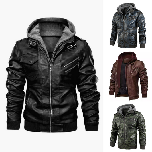 ❄️Winter Specials❄️50% Off💫Men's Zipper PU Leather Hooded Jacket